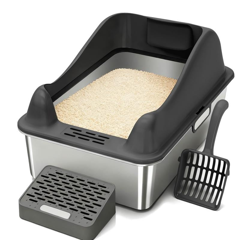 Gtplayer Stainless Steel Cat Litter Box with Lid, XL Extra Large Litter Box for Big Cats, High Sided Kitty Metal Pan with Pedal Filter and Scoop, Non-Sticky&Anti-Leakage Easy Cleaning