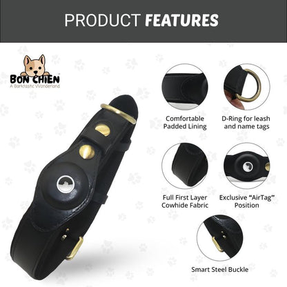 Bon Chien Leather Dog Collar with Apple Airtag Holder- Secure and Track Your Beloved Pets-Premium Pet Accessory for Dogs- Waterproof and Adjustable Dog Collar
