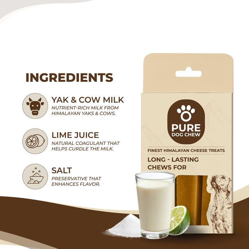 Pure Dog Chew Original Yak Cheese Chew - 1 OZ X 3 Sticks, Long-Lasting Himalayan Dog Chew, Rich in Protein & Calcium, 100% Natural, Grain-Free, Gluten-Free