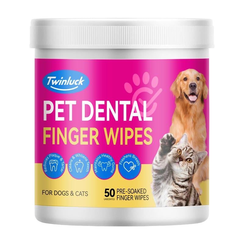 No-Rinse Dog Dental Care Wipes, Cat & Dog Tooth Brushing Kit, Dog Wipes for Pet & Cat Teeth Cleaning, Dog Toothbrush Finger Dental Wipes to Remove Plaque & Tartar, Disposable Dog Wipes - 50 Count
