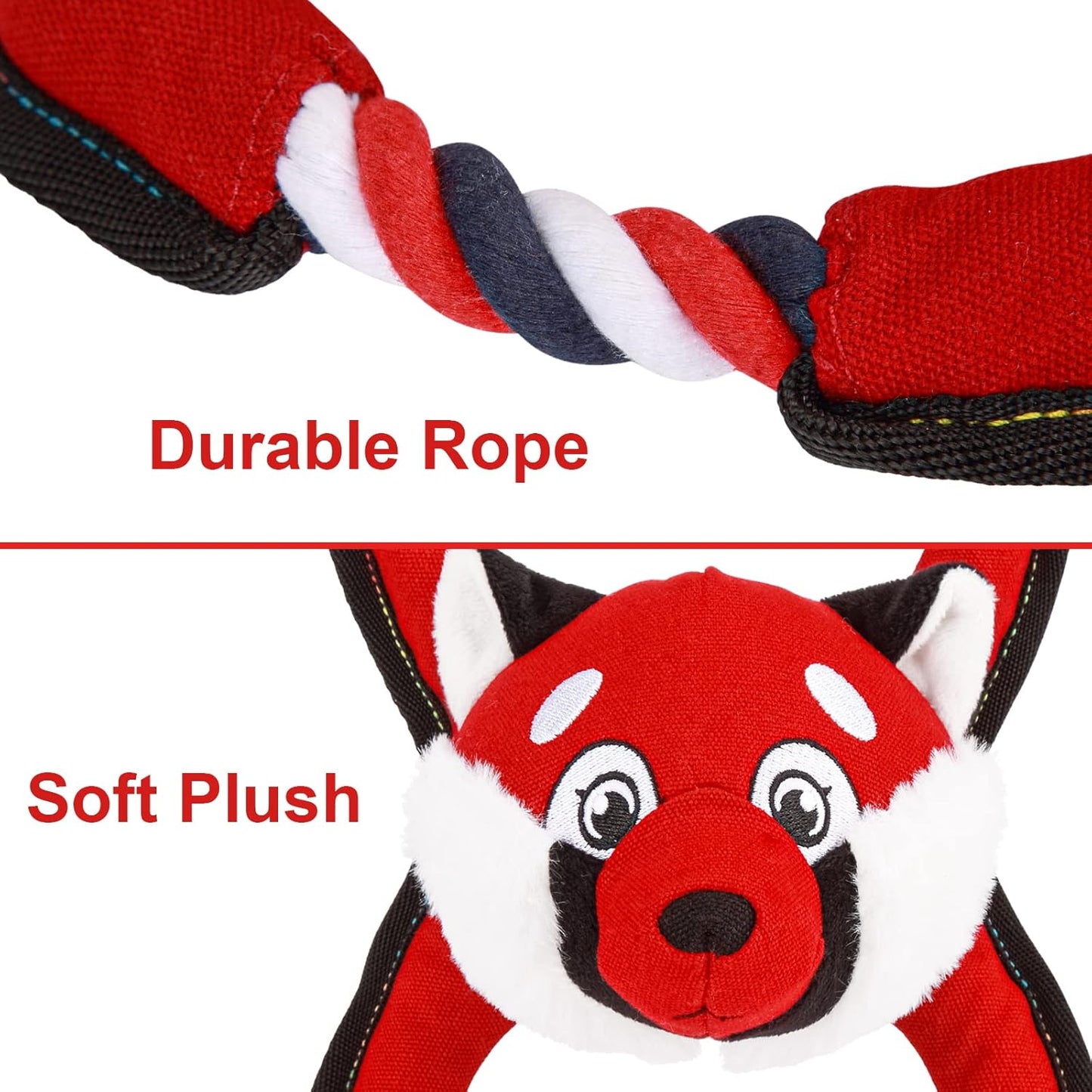 Interactive Dog Toys, Squeaky Dog Toys for Aggressive Chewers, Dog Plush Toys with Rope in Red Fox Shape, Tug of War Dog Toy for Small Dogs Medium Large Dogs