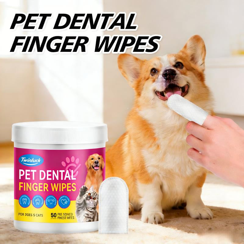 No-Rinse Dog Dental Care Wipes, Cat & Dog Tooth Brushing Kit, Dog Wipes for Pet & Cat Teeth Cleaning, Dog Toothbrush Finger Dental Wipes to Remove Plaque & Tartar, Disposable Dog Wipes - 50 Count