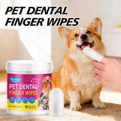 No-Rinse Dog Dental Care Wipes, Cat & Dog Tooth Brushing Kit, Dog Wipes for Pet & Cat Teeth Cleaning, Dog Toothbrush Finger Dental Wipes to Remove Plaque & Tartar, Disposable Dog Wipes - 50 Count