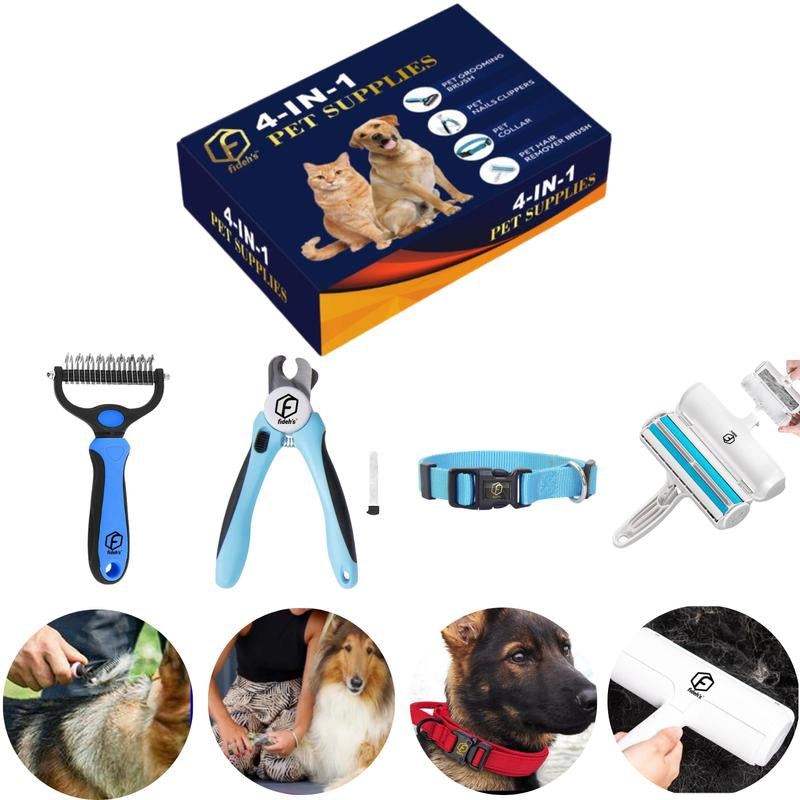 FIDEH’S 4-In-1 Pet Supplies-Reusable Cat and Dog Hair Remover Brush +Pet Grooming Double Sided Shedding Brush+Pet Nails Clippers & Trimmers+Razor Sharp Blade+Nylon Pet Collar for Medium Dogs (4Pcs Pink)