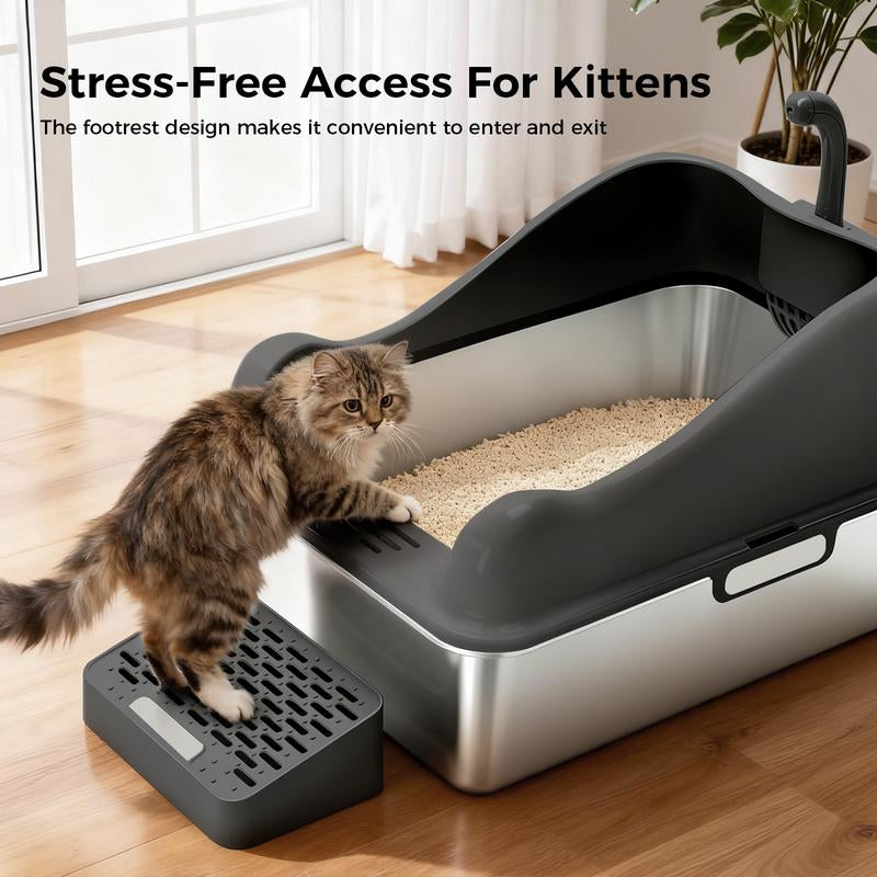 Gtplayer Stainless Steel Cat Litter Box with Lid, XL Extra Large Litter Box for Big Cats, High Sided Kitty Metal Pan with Pedal Filter and Scoop, Non-Sticky&Anti-Leakage Easy Cleaning