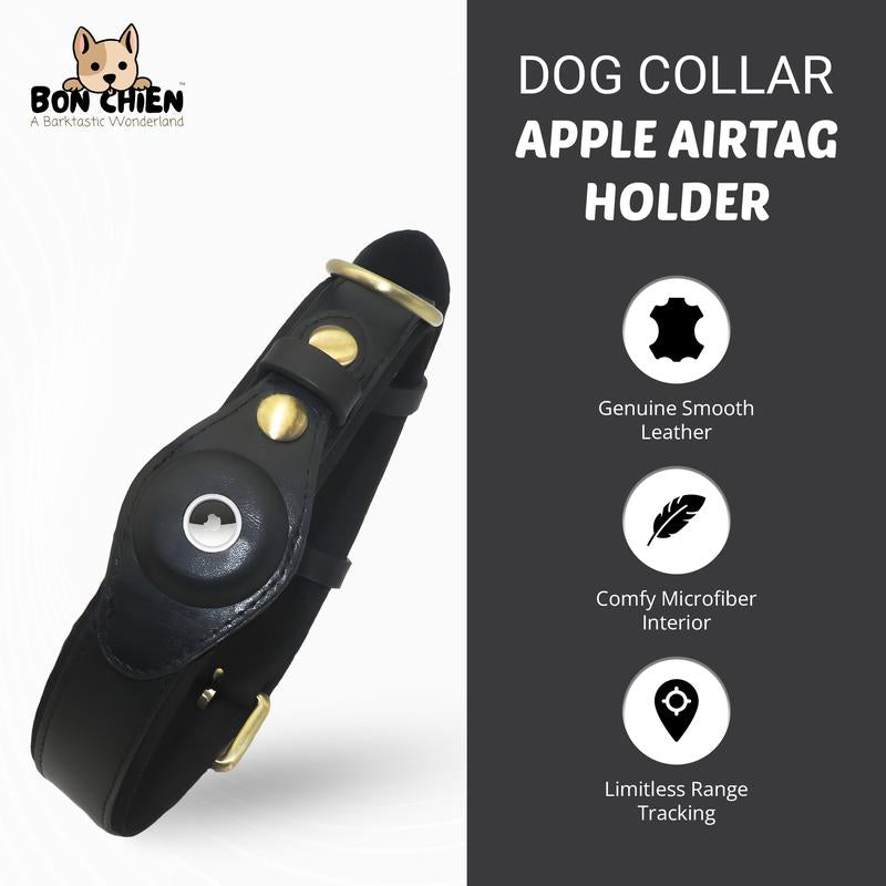 Bon Chien Leather Dog Collar with Apple Airtag Holder- Secure and Track Your Beloved Pets-Premium Pet Accessory for Dogs- Waterproof and Adjustable Dog Collar