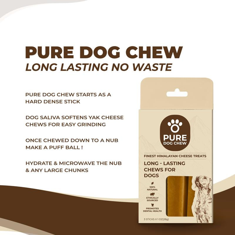 Pure Dog Chew Original Yak Cheese Chew - 1 OZ X 3 Sticks, Long-Lasting Himalayan Dog Chew, Rich in Protein & Calcium, 100% Natural, Grain-Free, Gluten-Free