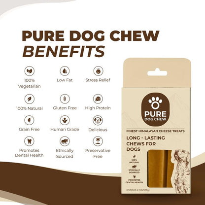 Pure Dog Chew Original Yak Cheese Chew - 1 OZ X 3 Sticks, Long-Lasting Himalayan Dog Chew, Rich in Protein & Calcium, 100% Natural, Grain-Free, Gluten-Free