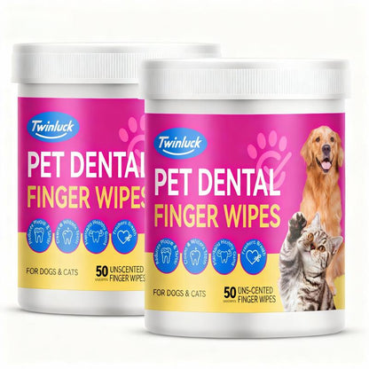 No-Rinse Dog Dental Care Wipes, Cat & Dog Tooth Brushing Kit, Dog Wipes for Pet & Cat Teeth Cleaning, Dog Toothbrush Finger Dental Wipes to Remove Plaque & Tartar, Disposable Dog Wipes - 50 Count