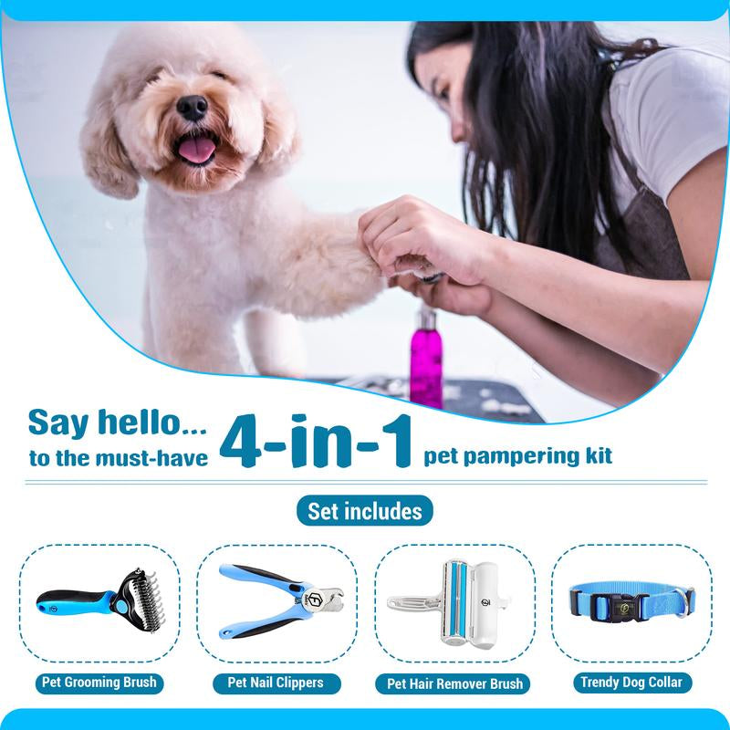 FIDEH’S 4-In-1 Pet Supplies-Reusable Cat and Dog Hair Remover Brush +Pet Grooming Double Sided Shedding Brush+Pet Nails Clippers & Trimmers+Razor Sharp Blade+Nylon Pet Collar for Medium Dogs (4Pcs Pink)