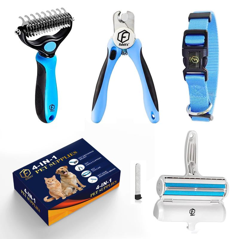 FIDEH’S 4-In-1 Pet Supplies-Reusable Cat and Dog Hair Remover Brush +Pet Grooming Double Sided Shedding Brush+Pet Nails Clippers & Trimmers+Razor Sharp Blade+Nylon Pet Collar for Medium Dogs (4Pcs Pink)