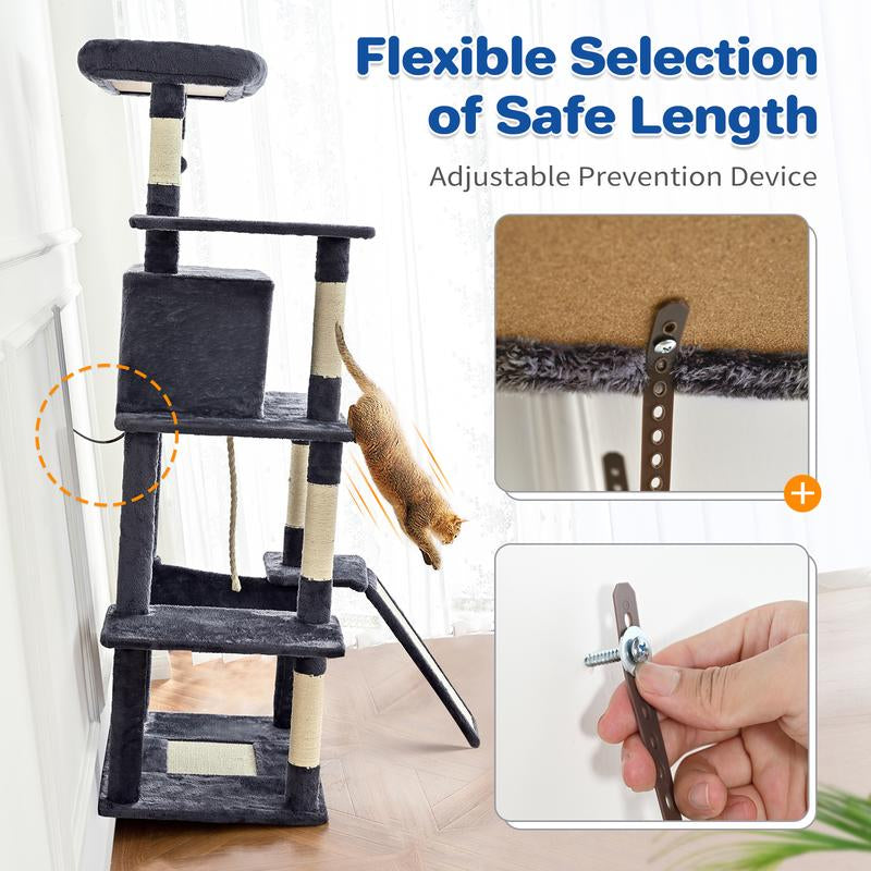 【Tiktokshopholidayhaul】Abcpet Cat Tree Tower 63In Multi-Level Cat Tower for Indoor Cats with Sisal Scratching Posts Condo Hammock Dangling Ball and Extended Platform for Cats to Play Pink Black Cat Tree