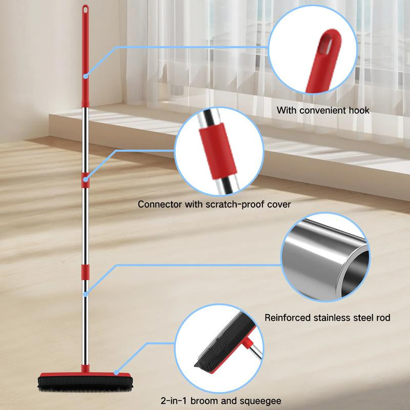 Pet Hair Remover Broom with Squeegee for Carpet & Tile Floors 2-In-1 Efficient Hair Removal Tool for Indoor & Outdoor Use Household Essential Multifunctional Hair Removal Brush - Shedding Grooming Kit