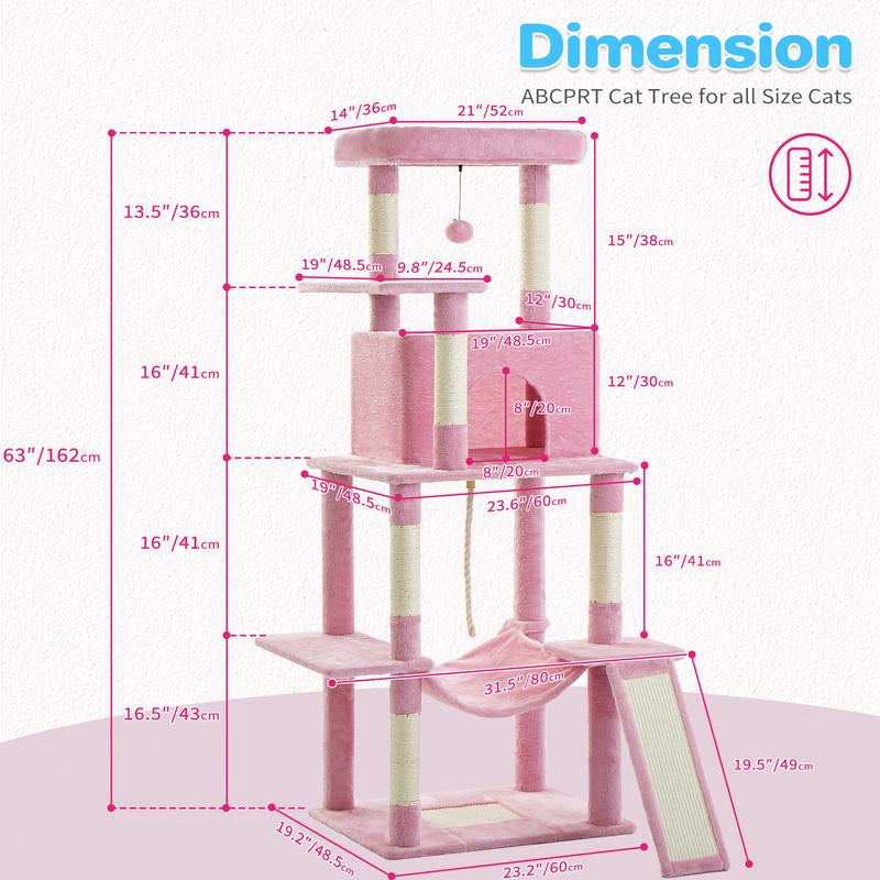 【Tiktokshopholidayhaul】Abcpet Cat Tree Tower 63In Multi-Level Cat Tower for Indoor Cats with Sisal Scratching Posts Condo Hammock Dangling Ball and Extended Platform for Cats to Play Pink Black Cat Tree