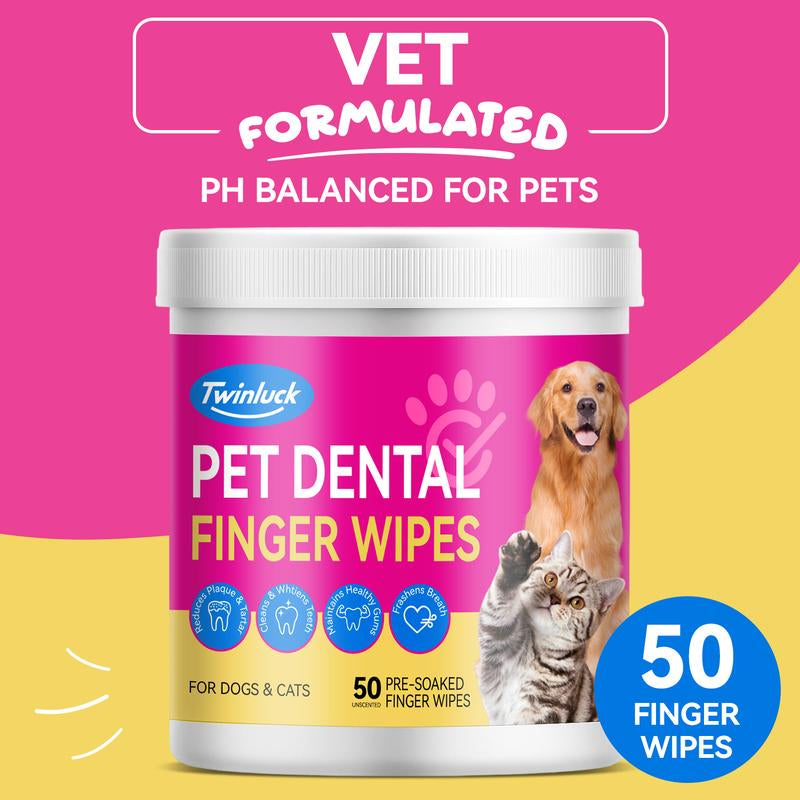 No-Rinse Dog Dental Care Wipes, Cat & Dog Tooth Brushing Kit, Dog Wipes for Pet & Cat Teeth Cleaning, Dog Toothbrush Finger Dental Wipes to Remove Plaque & Tartar, Disposable Dog Wipes - 50 Count