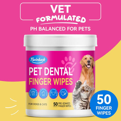 No-Rinse Dog Dental Care Wipes, Cat & Dog Tooth Brushing Kit, Dog Wipes for Pet & Cat Teeth Cleaning, Dog Toothbrush Finger Dental Wipes to Remove Plaque & Tartar, Disposable Dog Wipes - 50 Count