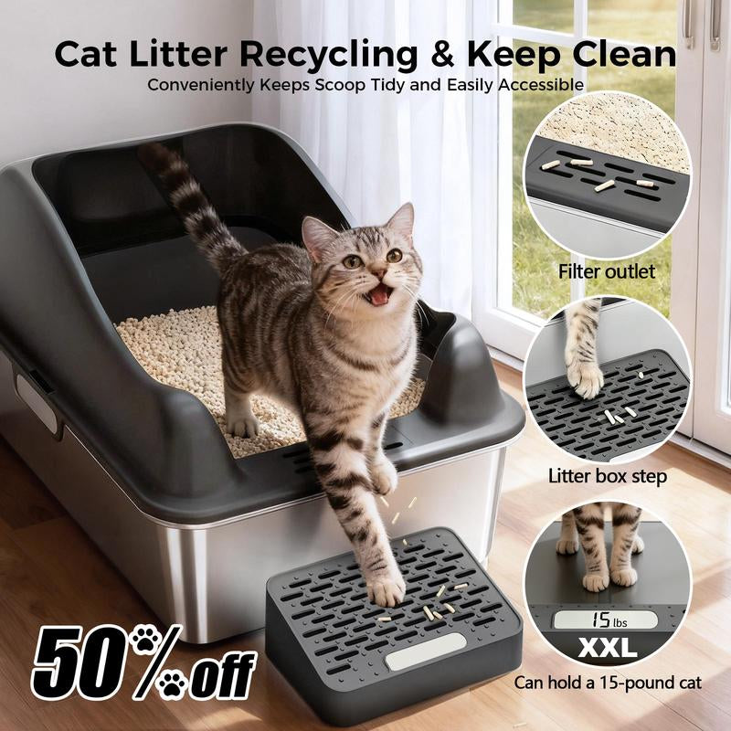 Gtplayer Stainless Steel Cat Litter Box with Lid, XL Extra Large Litter Box for Big Cats, High Sided Kitty Metal Pan with Pedal Filter and Scoop, Non-Sticky&Anti-Leakage Easy Cleaning